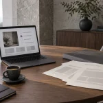 Web sitesi kapsamını planlamak için hazırlanmış dizüstü bilgisayar ve proje dosyası