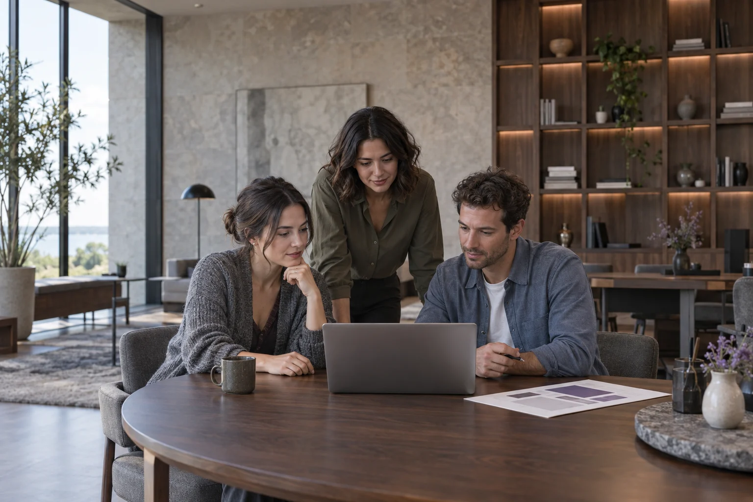 Ceviz çalışma masasında web sitesi planını birlikte değerlendiren üç kişilik ekip